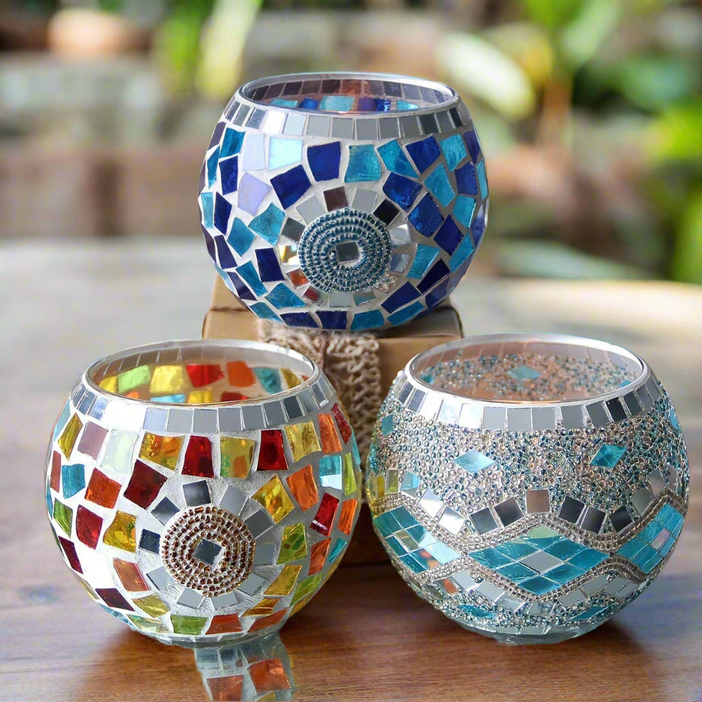 TURKISH DESIGN MOSAIC GLASS CANDLE HOLDER - SET OF 3 - JAG Universal Collection 