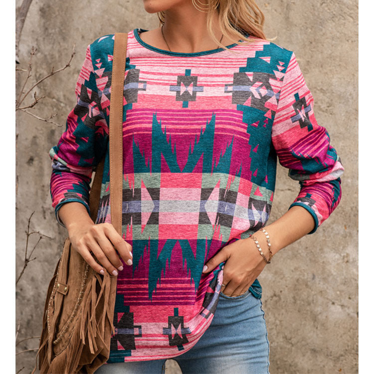 Bohemian Print Long Sleeve Top – Relaxed Fit Casual Blouse