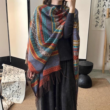 Ethnic wind stripe contrast color tassel shawl for woman