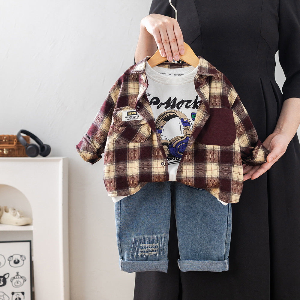 Three piece checkered shirt set for children and boys