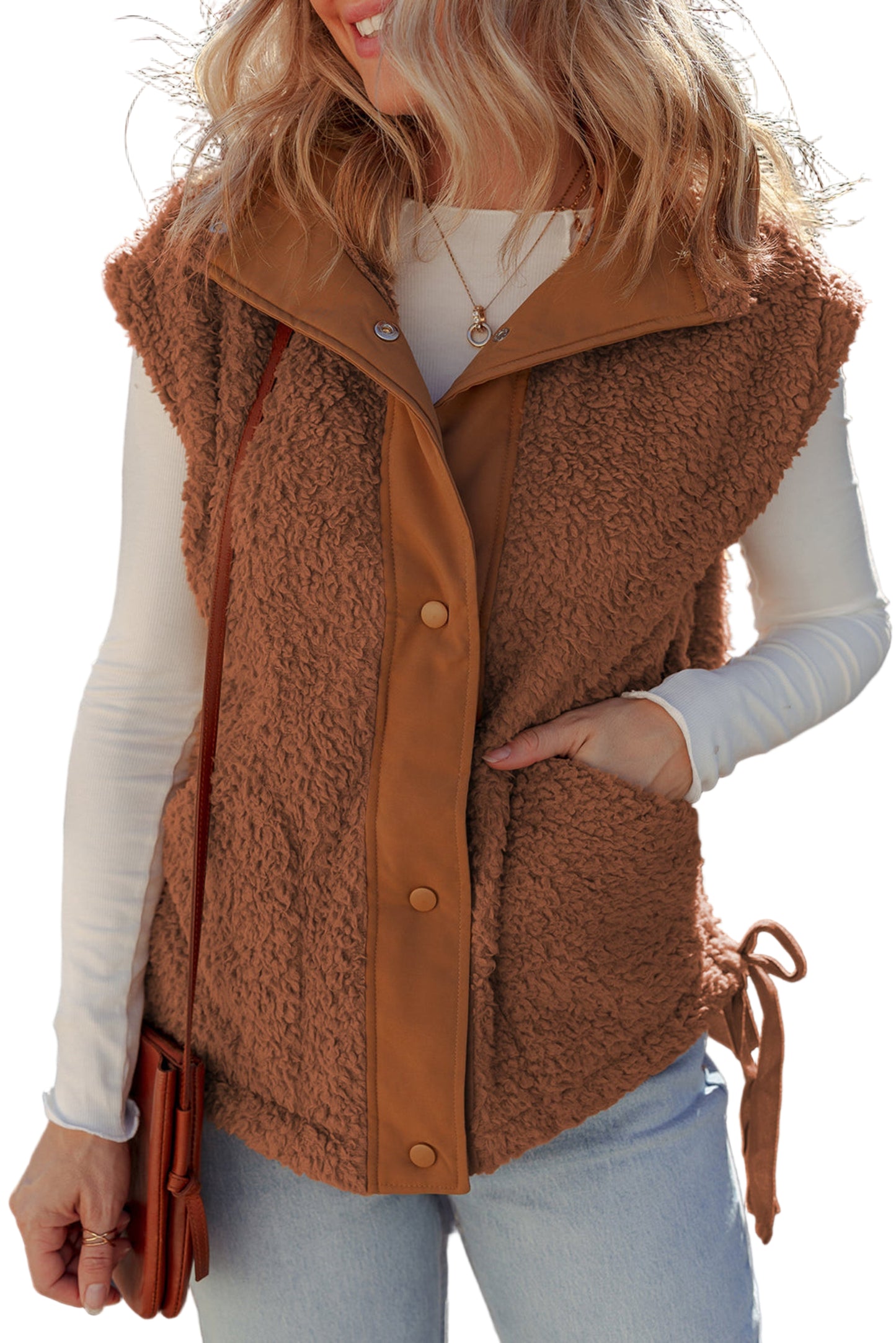 Cinnamon Faux Fur Snap Button Front Knot Side Plush Vest with Pockets