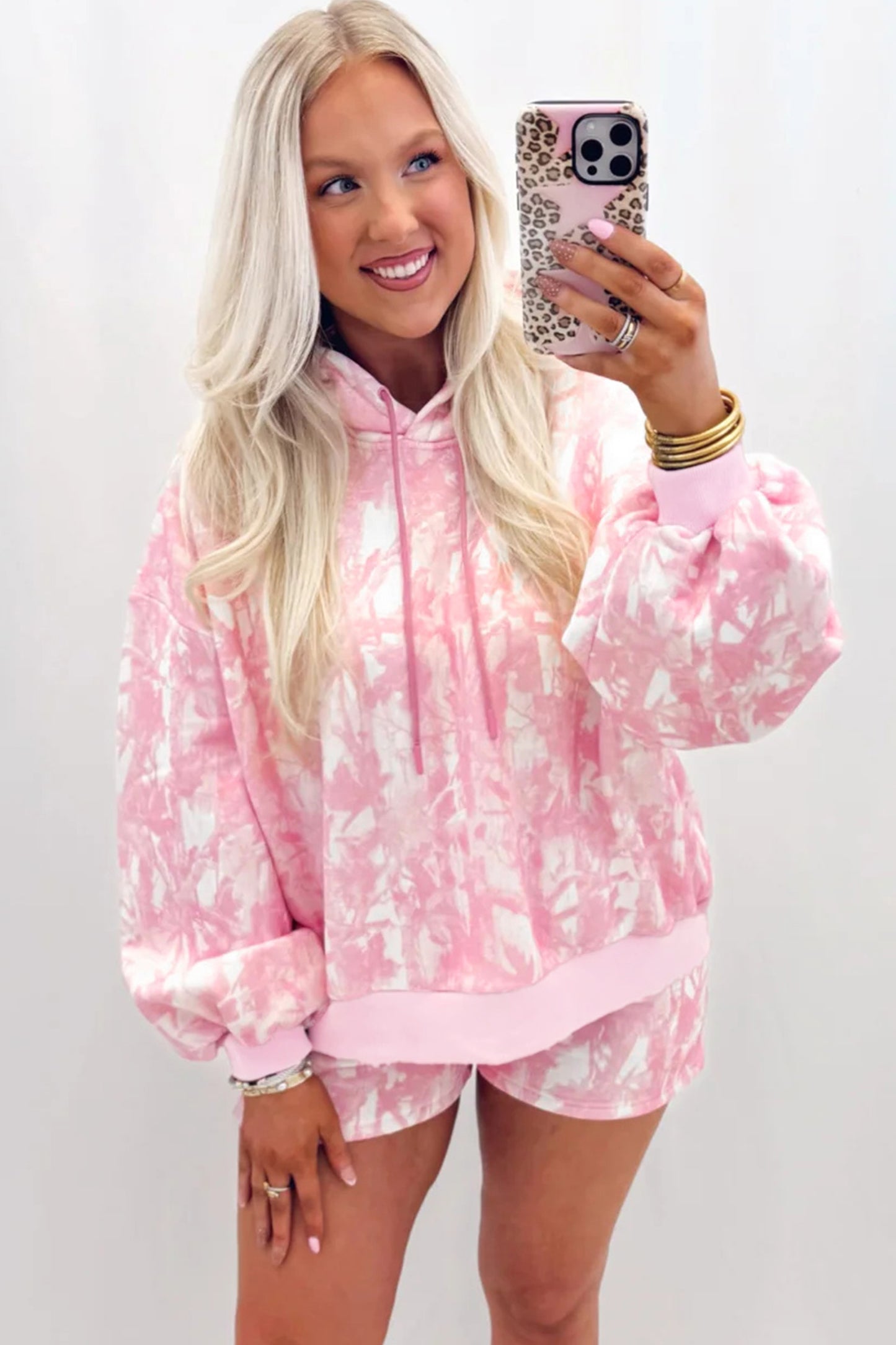 Pink Abstract Print Hoodie & Shorts Lounge Set | Women's Casual Two-Piece Outfit