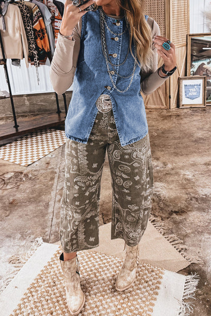 Women’s Blue Denim Vest – Sleeveless Button Down Long Vest with Side Slits for Spring Layering