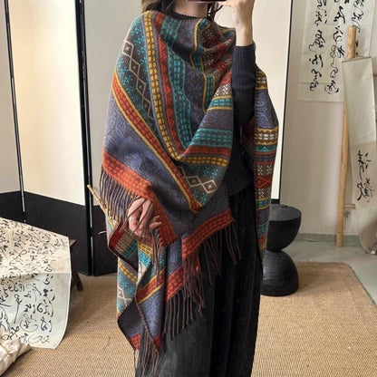 Ethnic wind stripe contrast color tassel shawl for woman