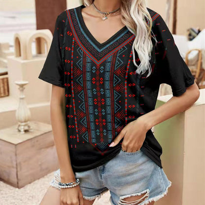 Women's Ethnic Print V-Neck Cotton Blend T-Shirt