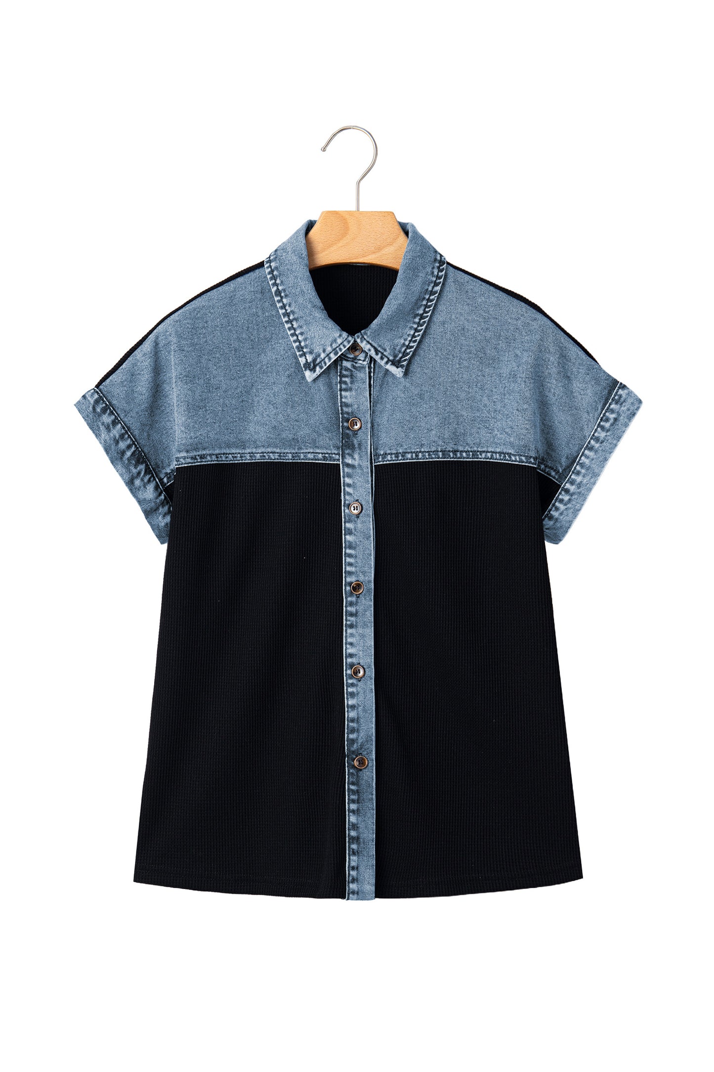 Denim Contrast Waffle Knit Blouse – Casual Boutique Button Front Top