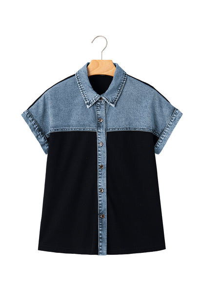 Denim Contrast Waffle Knit Blouse – Casual Boutique Button Front Top