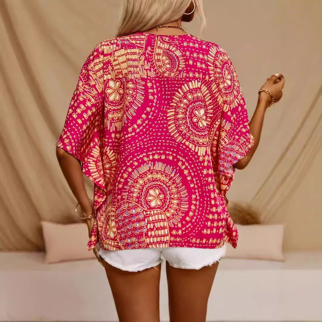 Jag Universal Collection Women’s Boho Printed V Neck Top Loose Fit Short Sleeve Summer Blouse