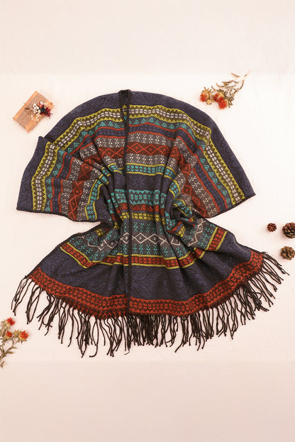 Light Blue Ethnic Print Tassel Trim Shawl Scarf