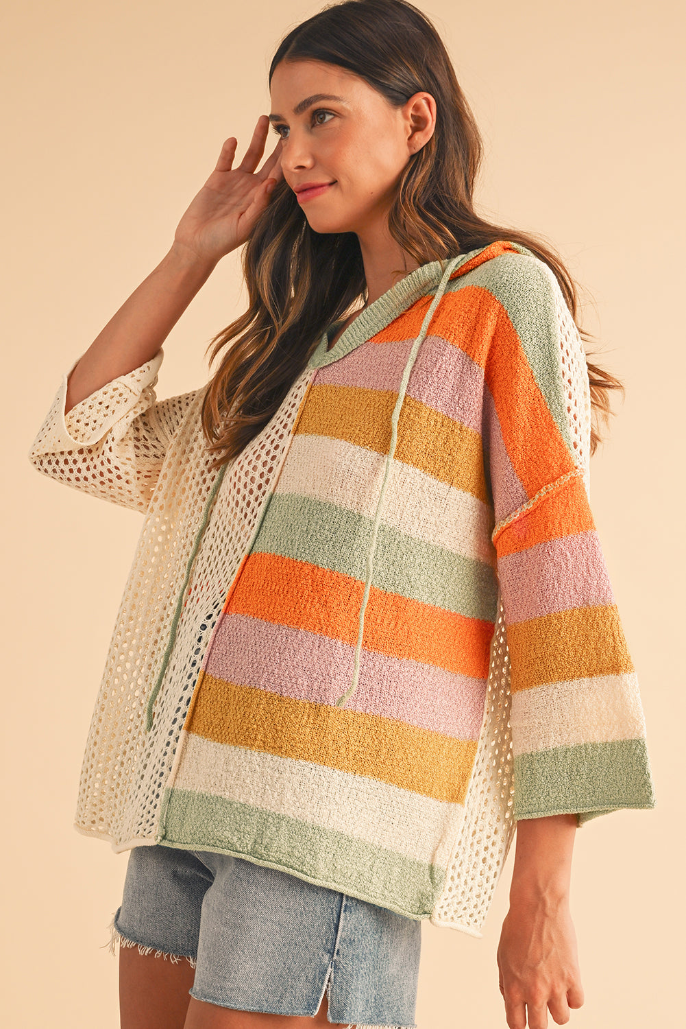 Oversized Colorblock V-Neck Hooded Sweater for Women – Lightweight Knit Pullover, Casual Boho Striped Hoodie Top