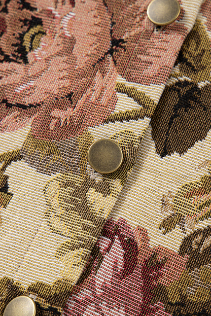 Sophisticated khaki floral patchwork waffle knit jacket with button-down front and pockets. A boho casual outerwear piece perfect for layering.