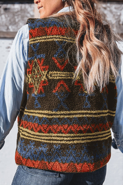 Women’s Western Aztec Print Faux Fur Vest with Pockets