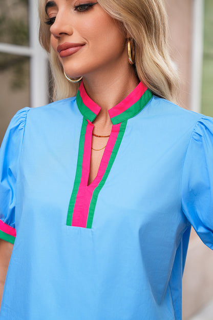 Sky Blue Puff Sleeve Pop of Color Neckline Blouse