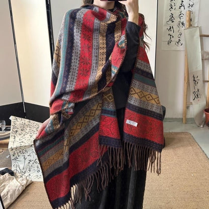Ethnic wind stripe contrast color tassel shawl for woman