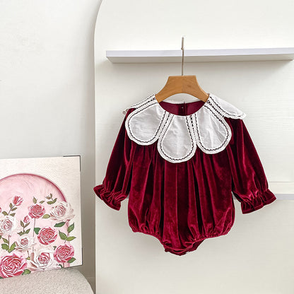 Burgundy Long Sleeve Petal Collar Kids Christmas Dress