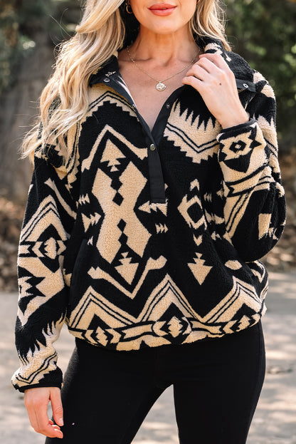 Black Western Aztec Half Zip Plush Sweatshirt – Cozy Tribal Print Fleece Pullover for Women | Warm Boho Winter Jacket with Pockets