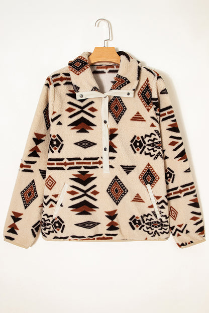 Beige Western Aztec Half Zip Plush Sweatshirt – Cozy Tribal Print Fleece Pullover for Women | Warm Boho Winter Jacket with Pockets