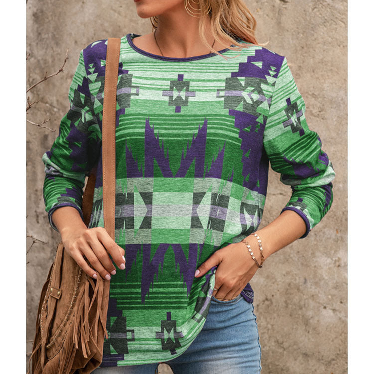 Bohemian Print Long Sleeve Top – Relaxed Fit Casual Blouse