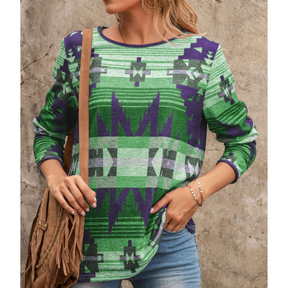 Bohemian Print Long Sleeve Top – Relaxed Fit Casual Blouse