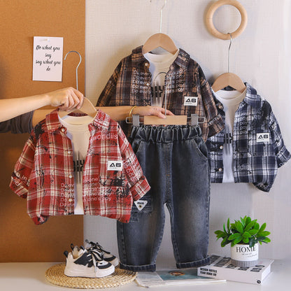 Three piece checkered shirt set for children and babies