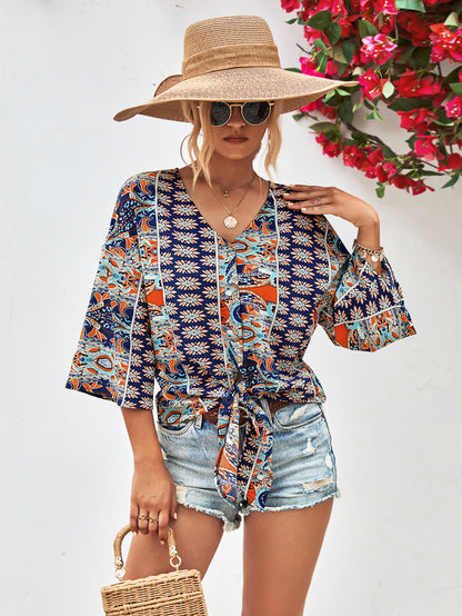 Boho Floral Lace-Up V-Neck Tunic Top for Women