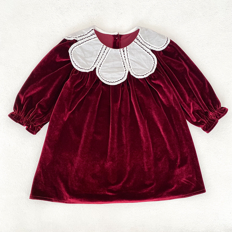 Burgundy Long Sleeve Petal Collar Kids Christmas Dress