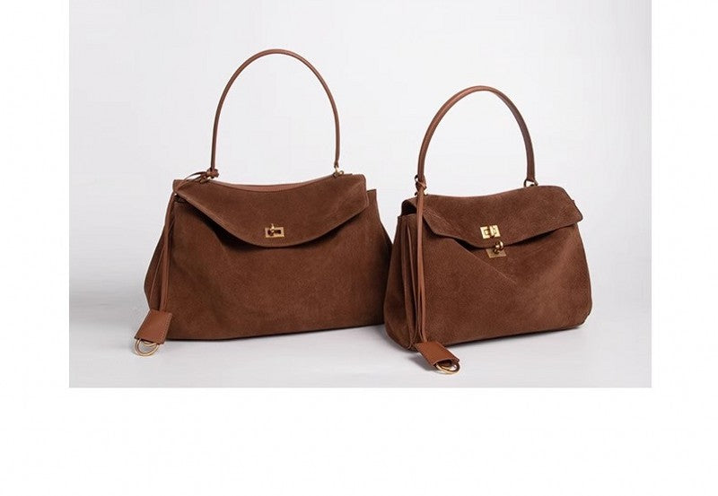 Vintage Autumn Winter Suede Matte Tote Bag, Elegant Shoulder Crossbody Kelly Bag for Women, Large Capacity Commuter Underarm Bag