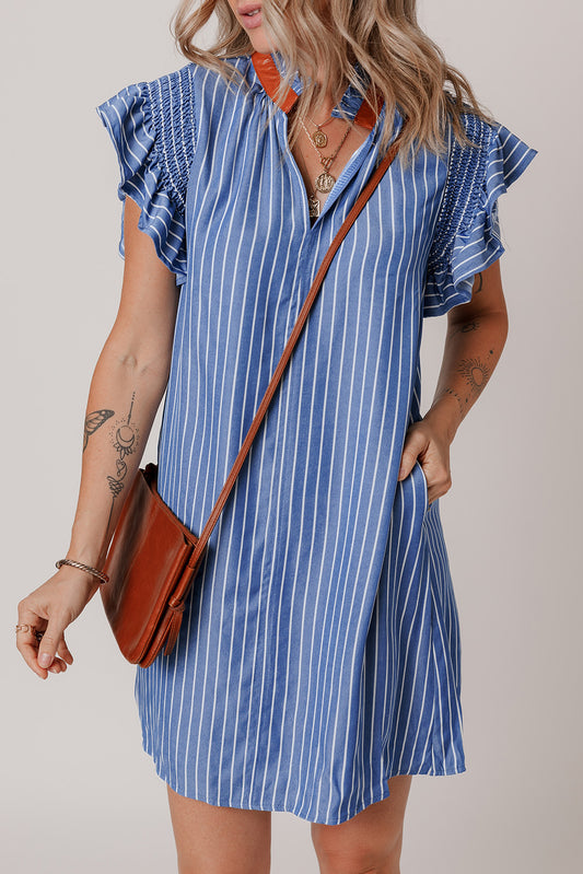 Sky Blue Stripe Frilly Split Neck Shirred Ruffle Sleeve Mini Shift Dress