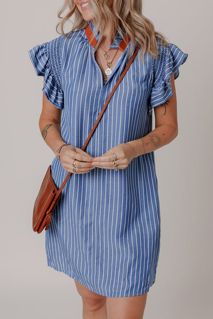 Sky Blue Stripe Frilly Split Neck Shirred Ruffle Sleeve Mini Shift Dress