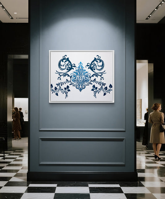 Blue Dahlia Arabesque – 16" x 20" Mixed Media Painting