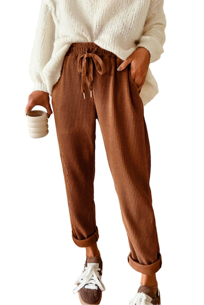Women’s Corduroy Drawstring Lounge Pants – High-Waisted Soft Casual Trousers Chestnut