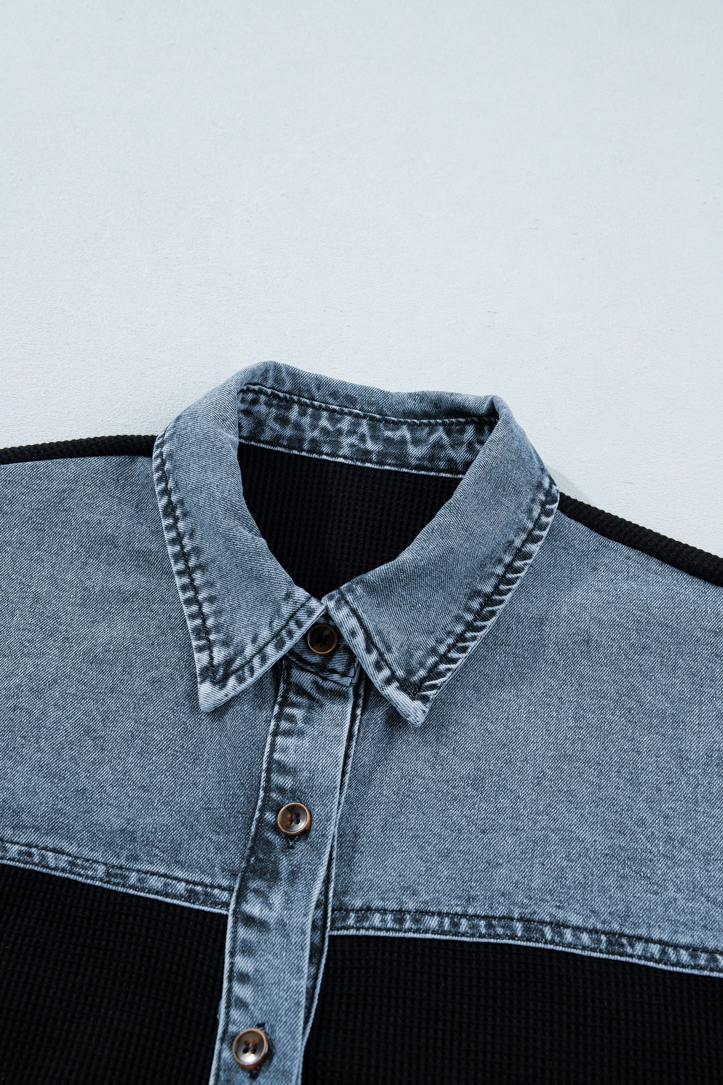Denim Contrast Waffle Knit Blouse – Casual Boutique Button Front Top