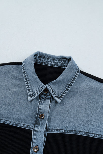 Denim Contrast Waffle Knit Blouse – Casual Boutique Button Front Top