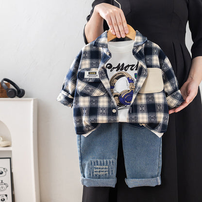 Three piece checkered shirt set for children and boys