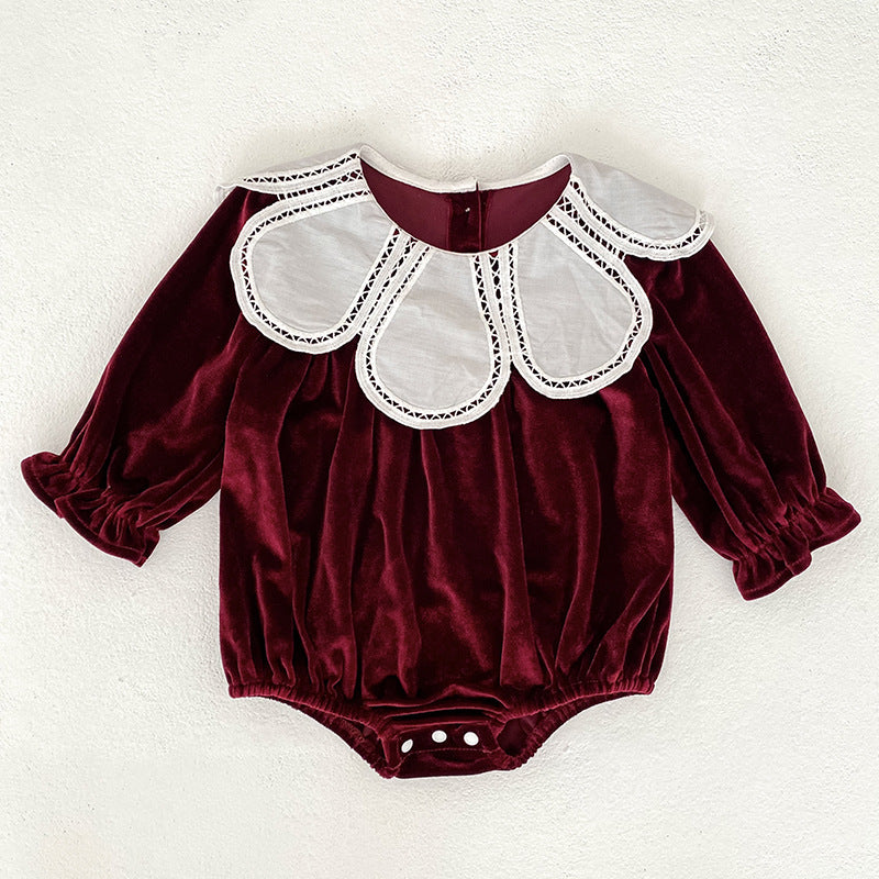 Burgundy Long Sleeve Petal Collar Kids Christmas Dress