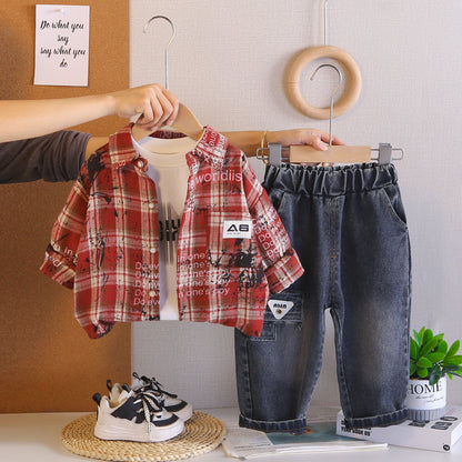 Three piece checkered shirt set for children and babies