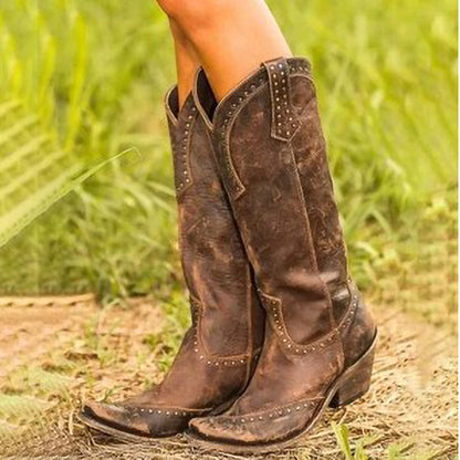 Long boots with rivets retro women's boots