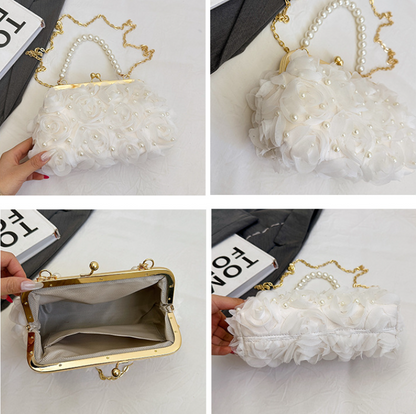 Net Lace Pleated Pearl Chain Crossbody Bag