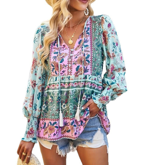 Boho Floral Patchwork Blouse – Lightweight Long Sleeve Spring Top for Women