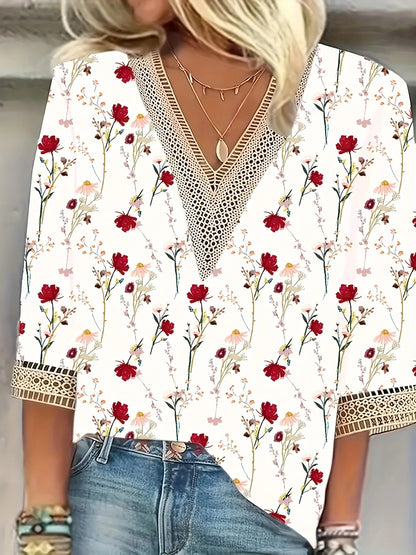 Women's Floral V-Neck Lace Trim Blouse – Casual 3/4 Sleeve Boho Top