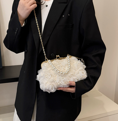 Net Lace Pleated Pearl Chain Crossbody Bag