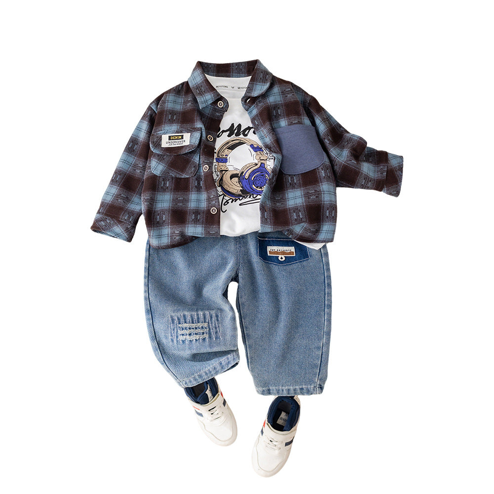 Three piece checkered shirt set for children and boys