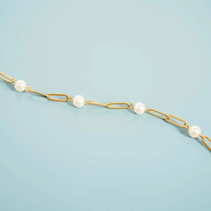 Made in the USA | 18K Gold PVD Pearl Paperclip Bracelet | Hypoallergenic 316L Surgical Steel