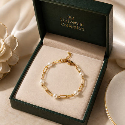 Made in the USA | 18K Gold PVD Pearl Paperclip Bracelet | Hypoallergenic 316L Surgical Steel