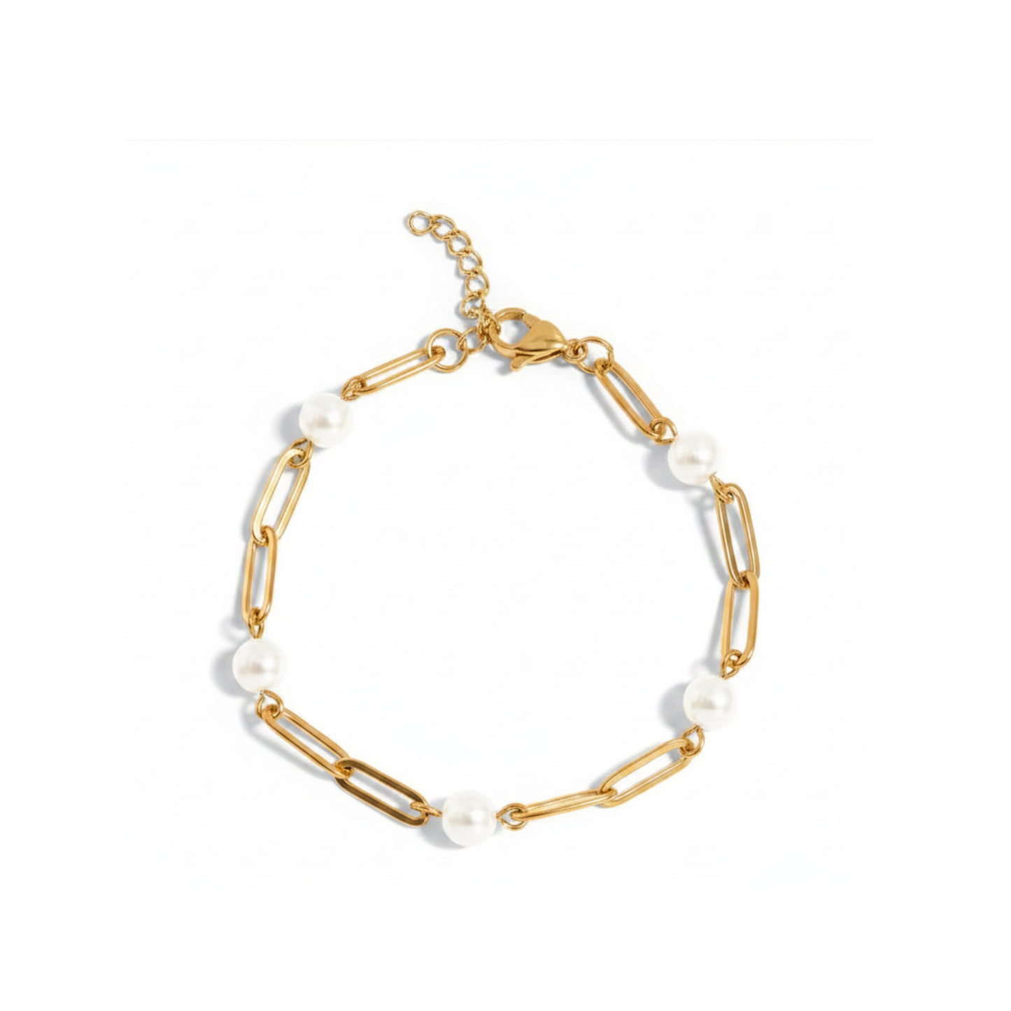 Made in the USA | 18K Gold PVD Pearl Paperclip Bracelet | Hypoallergenic 316L Surgical Steel