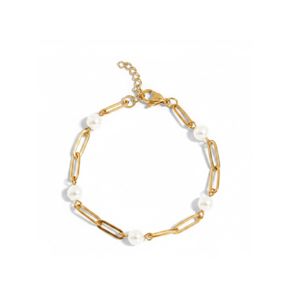 Made in the USA | 18K Gold PVD Pearl Paperclip Bracelet | Hypoallergenic 316L Surgical Steel