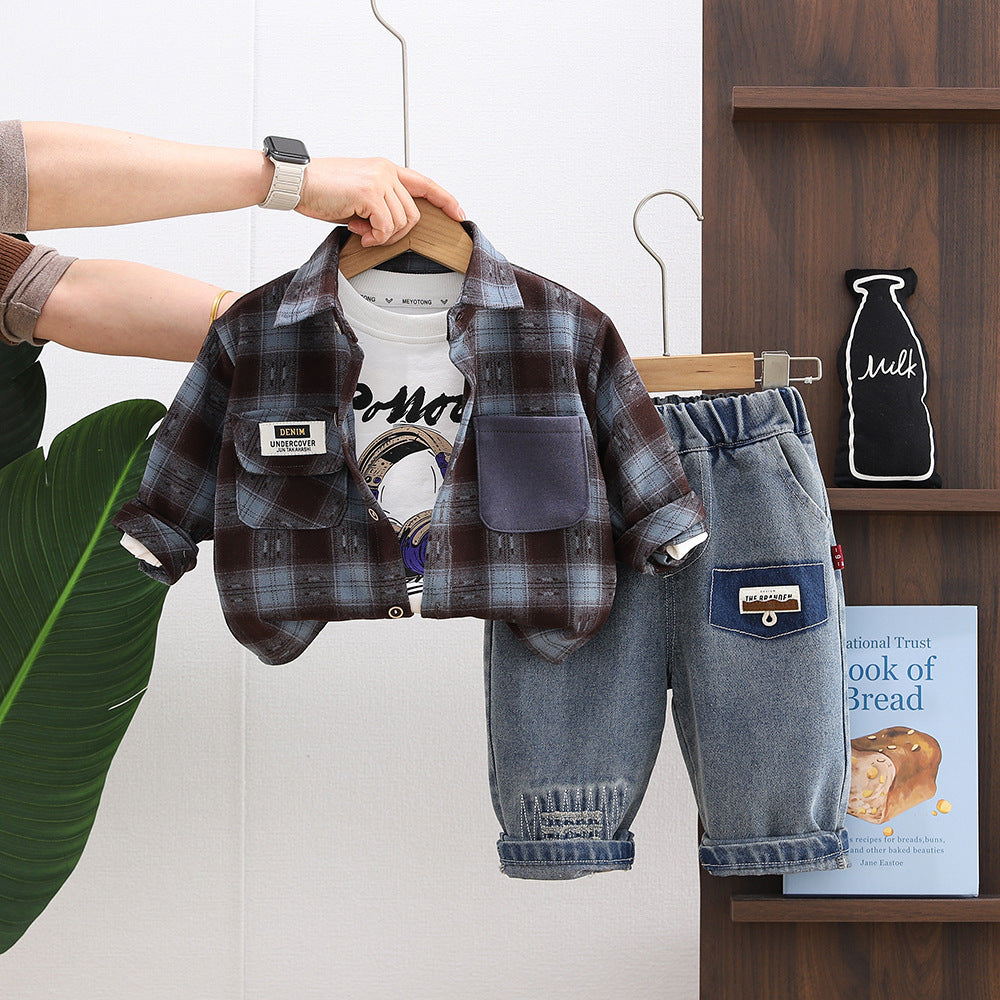 Three piece checkered shirt set for children and boys