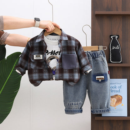 Three piece checkered shirt set for children and boys