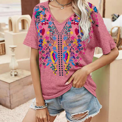 Women's Ethnic Print V-Neck Cotton Blend T-Shirt