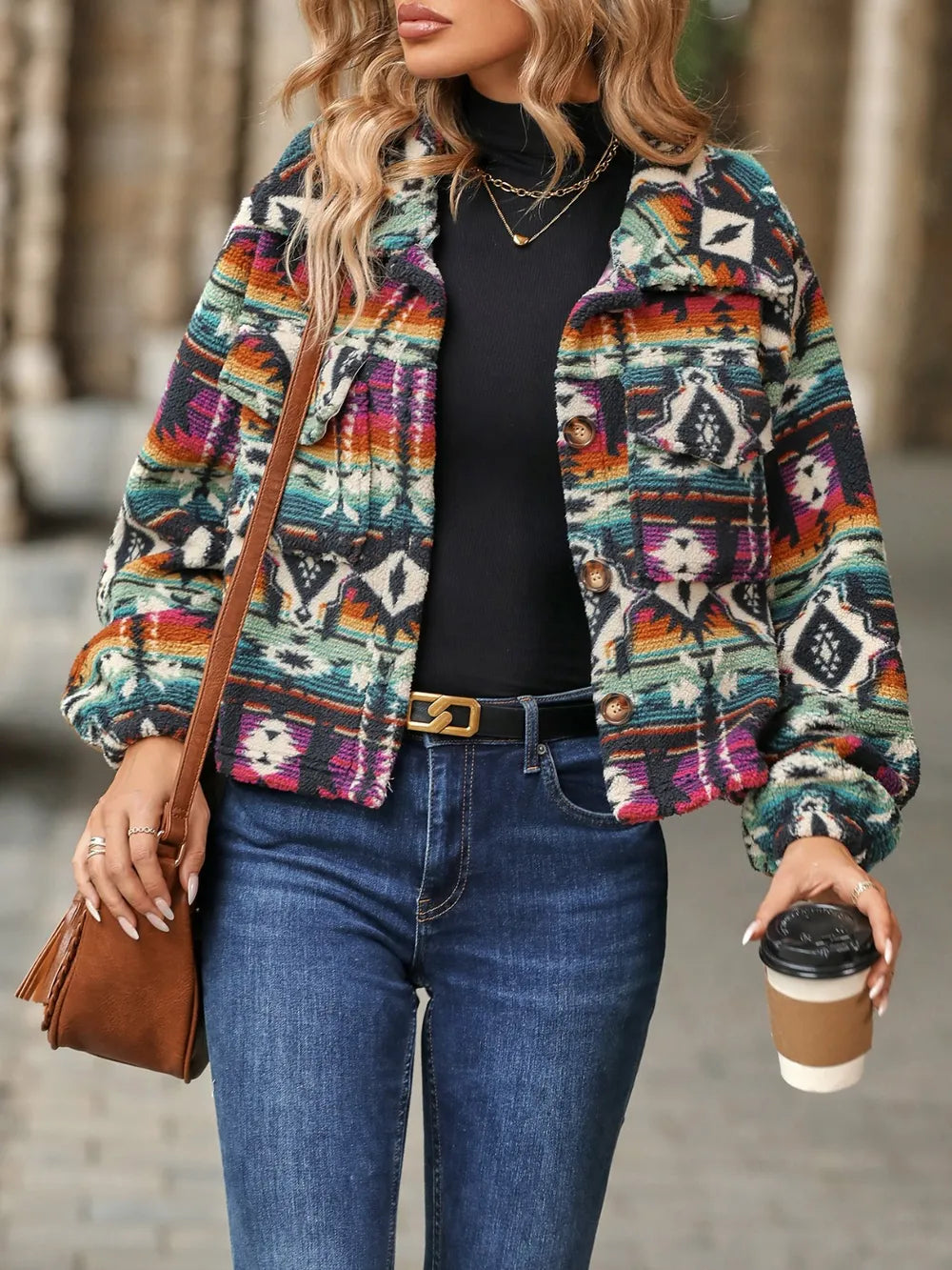 Women's Geometric Balloon Sleeve Jacket | Southwestern Boho Shacket